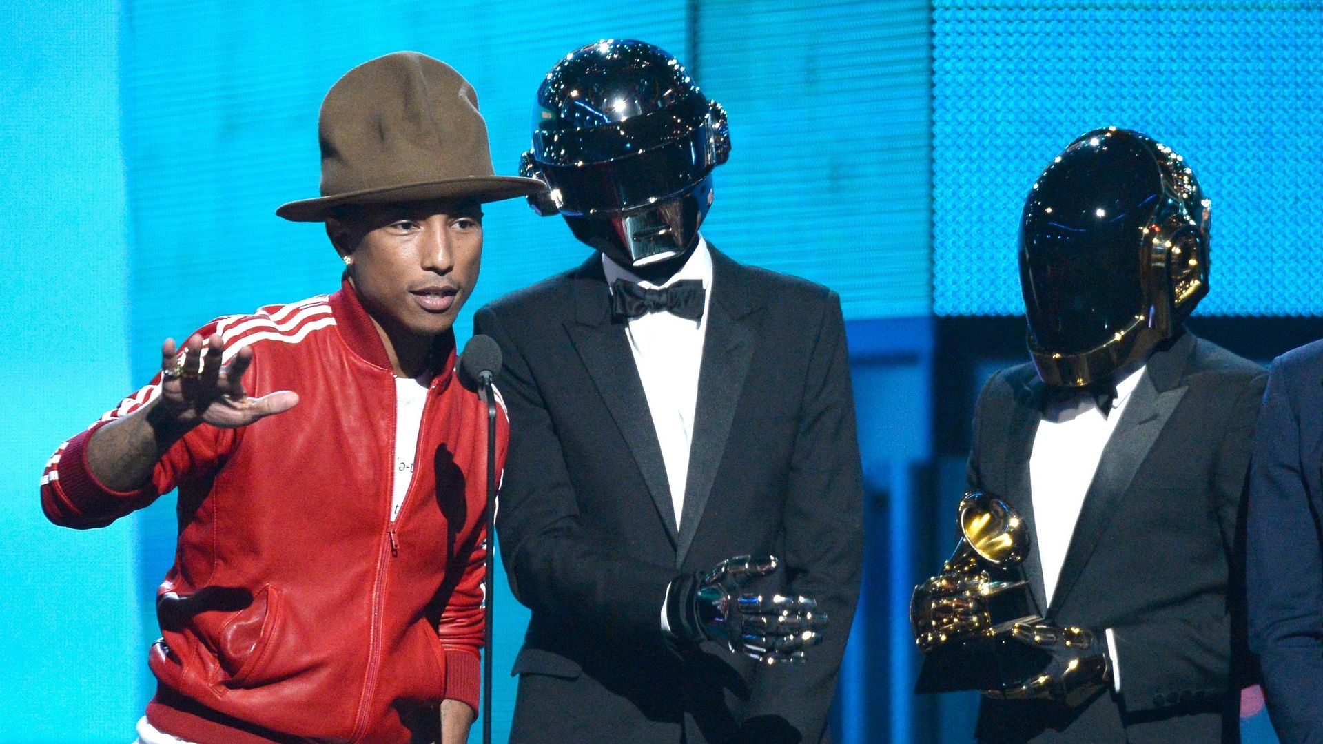 Pharrell Williams et Daft Punk lors de la soirée de remise des Grammy Awards, en janvier 2014
