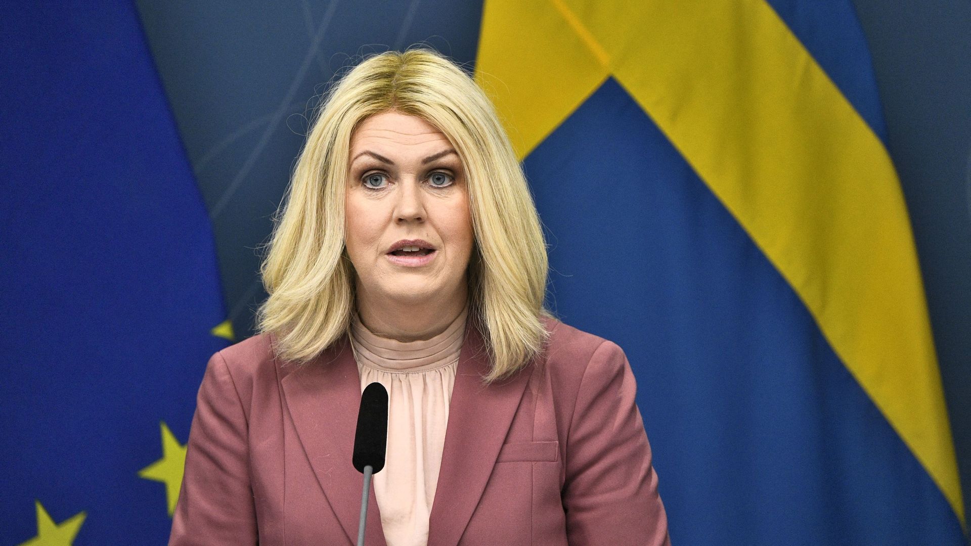 Lena Hallengren, Ministre des affaires sociales et directrice de l'Agence de Santé Publique suédoise, lors d'une conférence de presse, le 26 janvier.