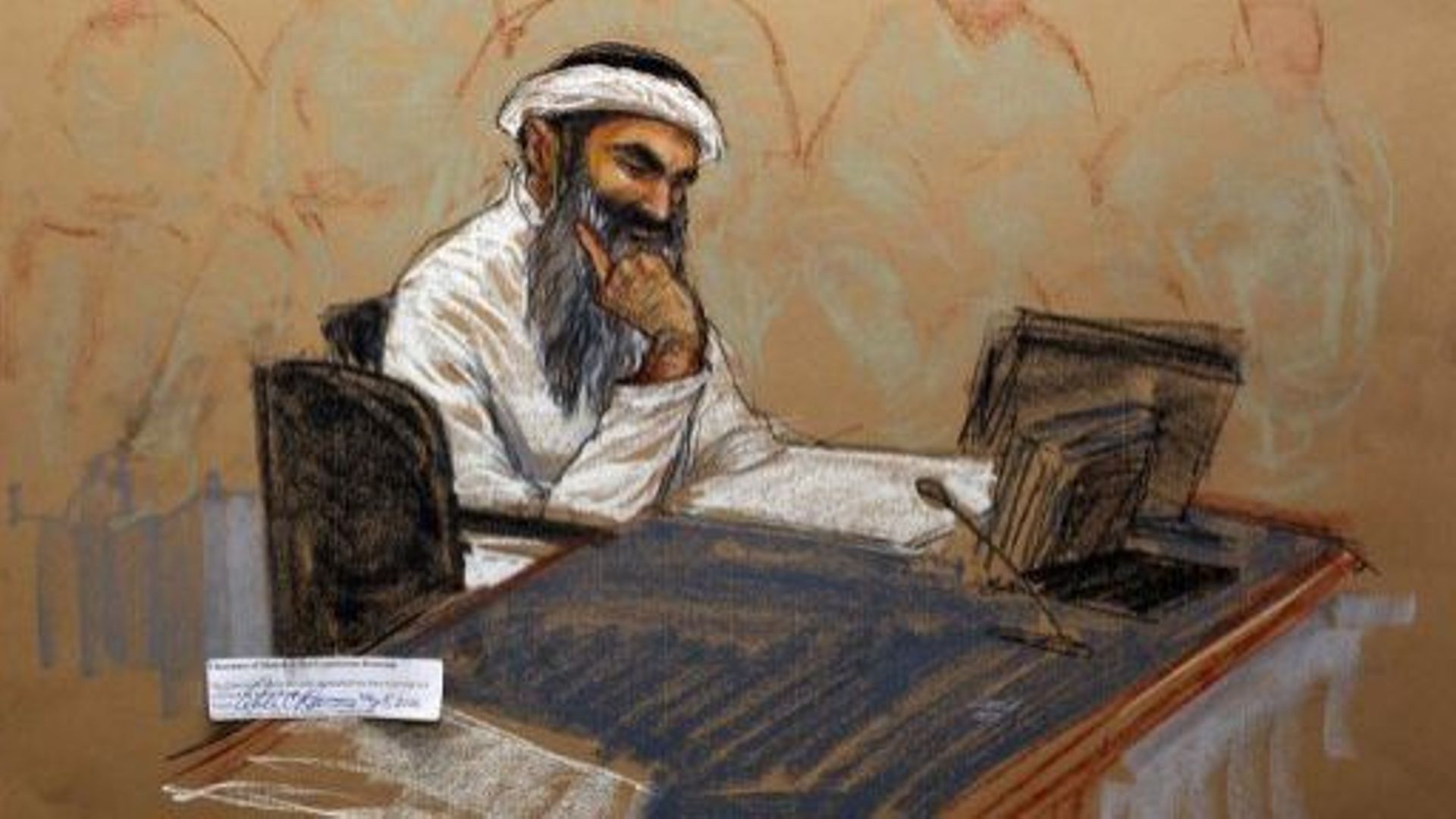 Croquis d'audience montrant le Pakistanais Khaled Cheikh Mohammed en procès, le 5 mai 2012 à Guantanamo