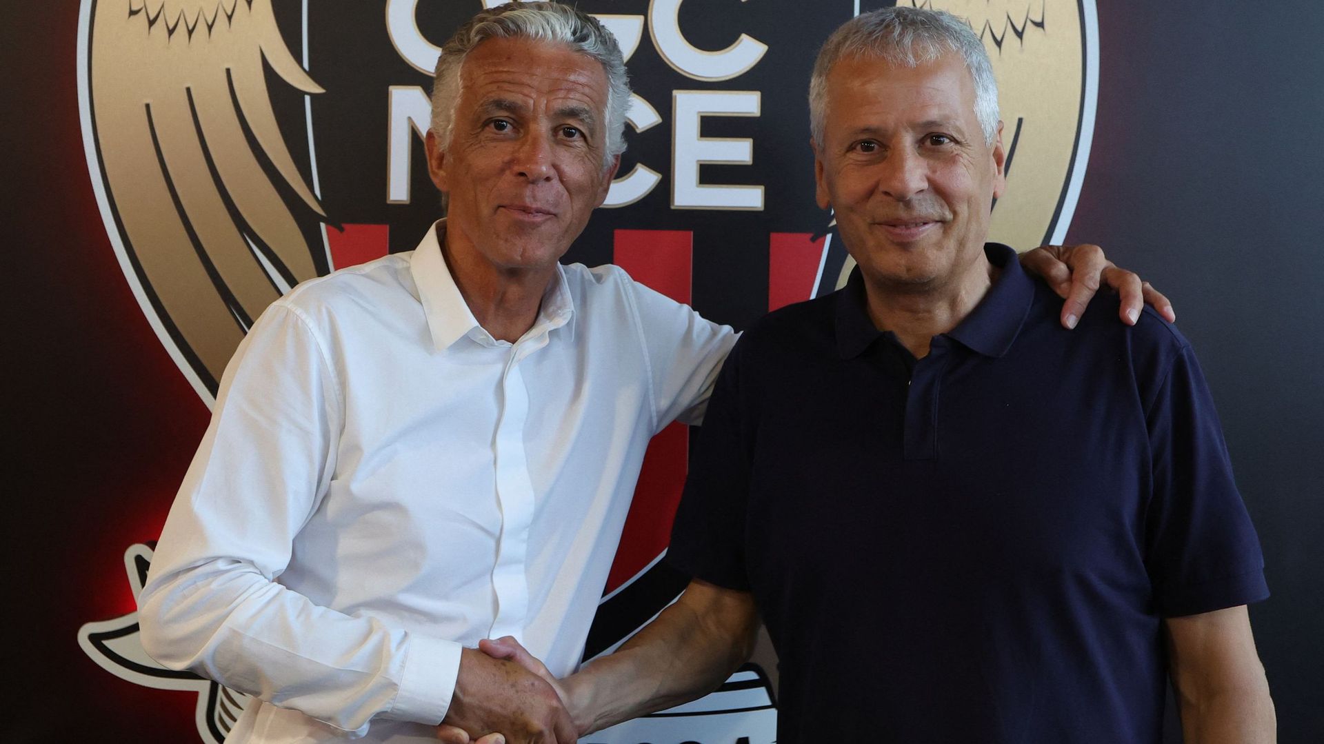 Jean-Pierre Rivère, président de l’OGC Nice, et Lucien Favre après une conférence de presse, le 27 juin 2022, à Nice