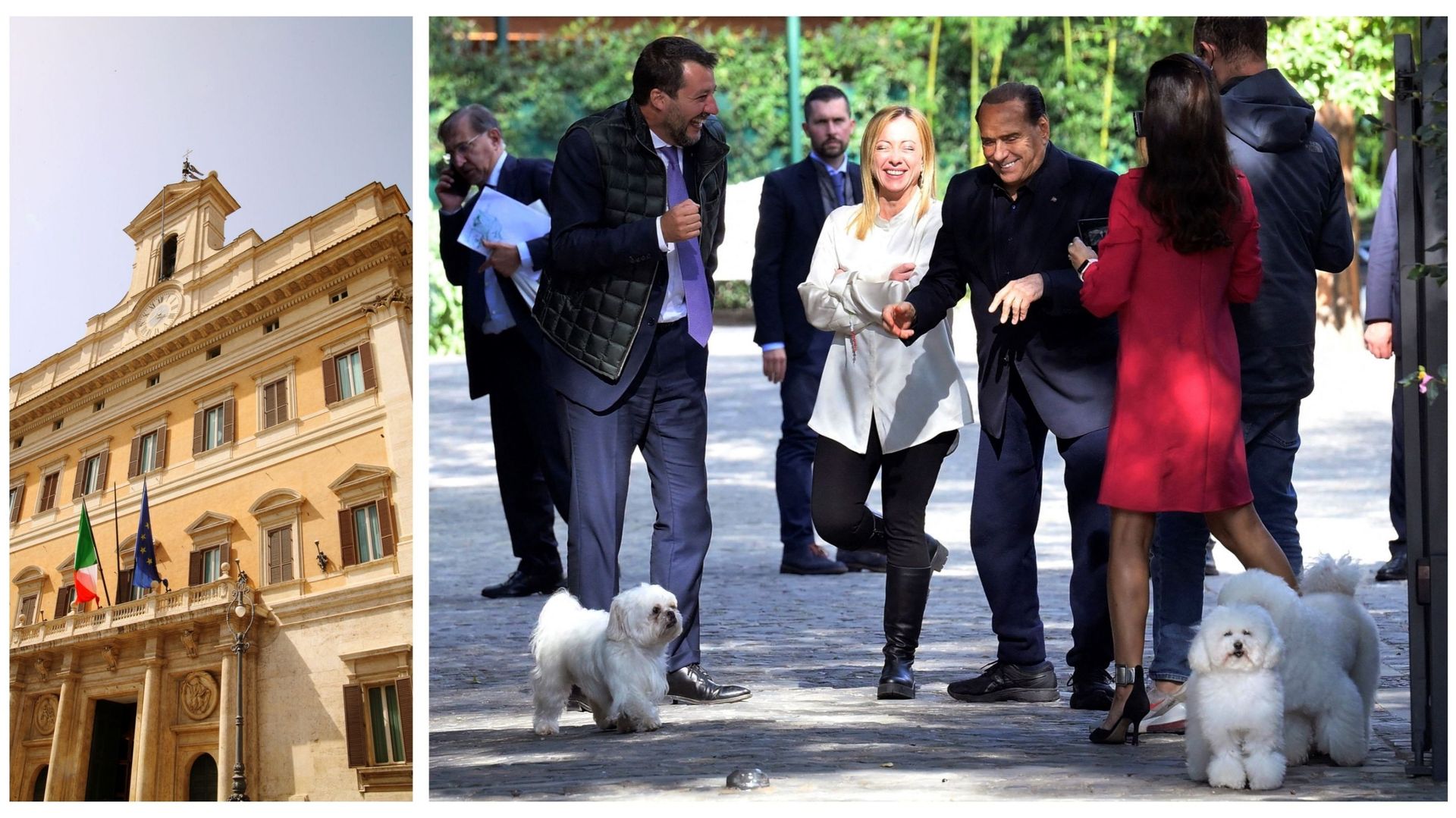 Parlement italien et Matteo Salvini, Giorgia Meloni et Silvio Berlusconi en promenade, en octobre 2021