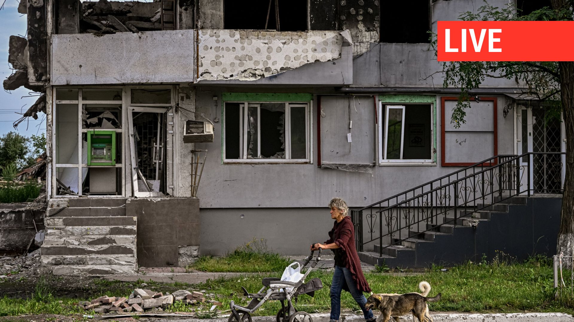 Une personne suivie par ses chiens passe devant un bâtiment résidentiel détruit dans la ville de Borodyanka (près de Kiev), le 15 août 2022.