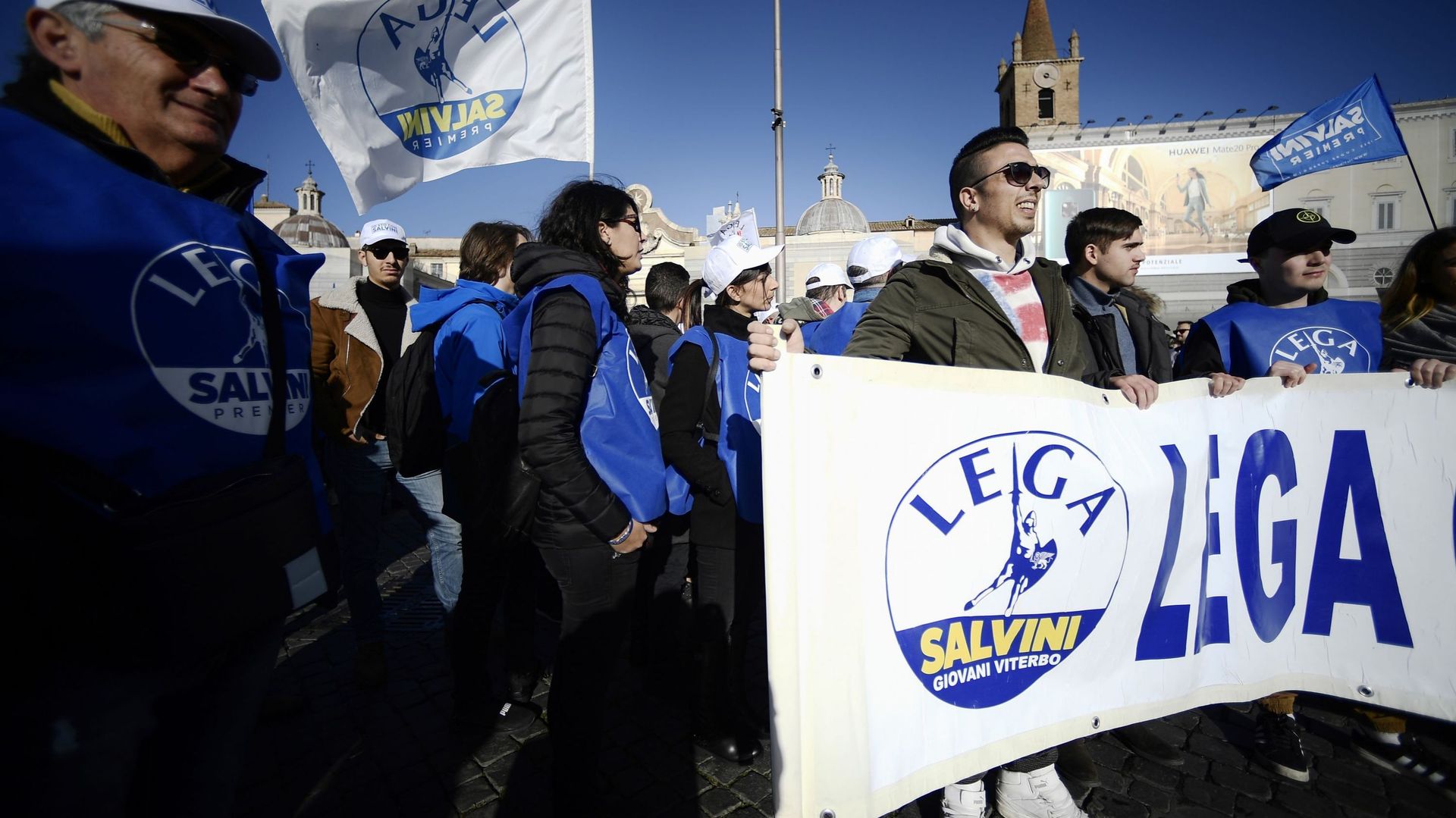 Les militants de La Ligue manifestent à Rome, place del Popolo le 8 décembre 2018. Crédits : Filippo MONTEFORTE /AFP