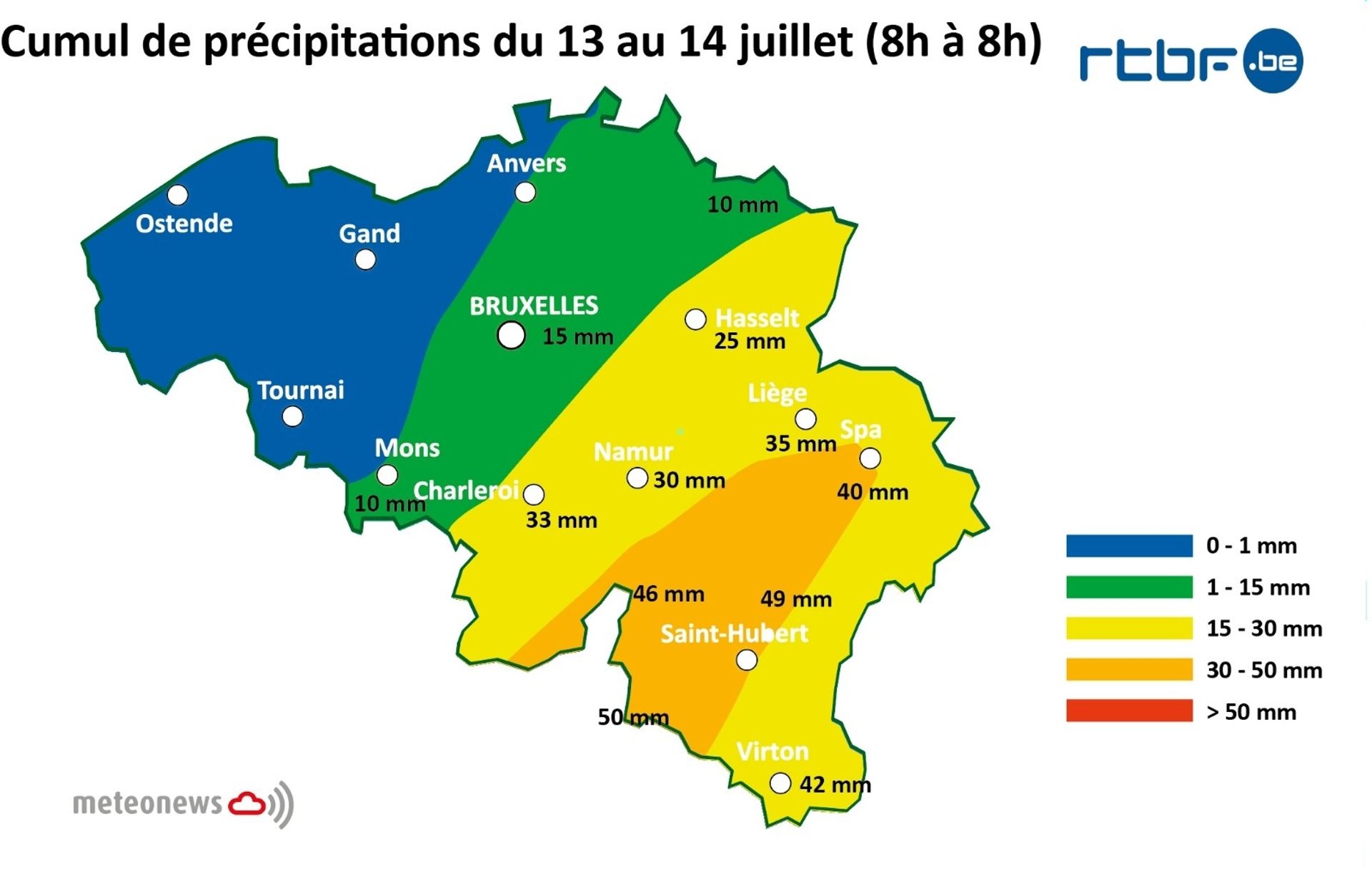 Cumuls de pluie enregistrés entre le 13 et le 14 juillet (de 8h à 8h)